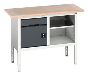 verso adj. height storage bench (mpx) with 1 drawer-cbd / mid shelf. WxDxH: 1250x600x830-930mm. RAL 7035/5010 or selected Verso Height Adjustable Work Storage and Packing Benches